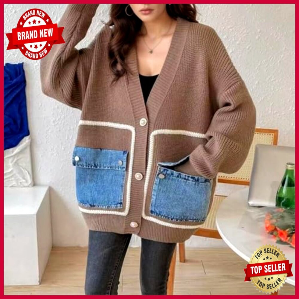 Oversized Button Cardigan with Patchwork Design L… - image 2